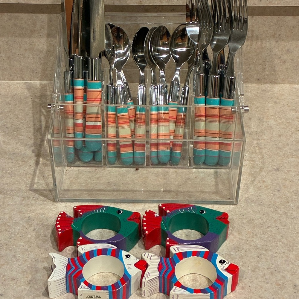 Colorful Striped Cutlery Set with Fish Napkin Rings